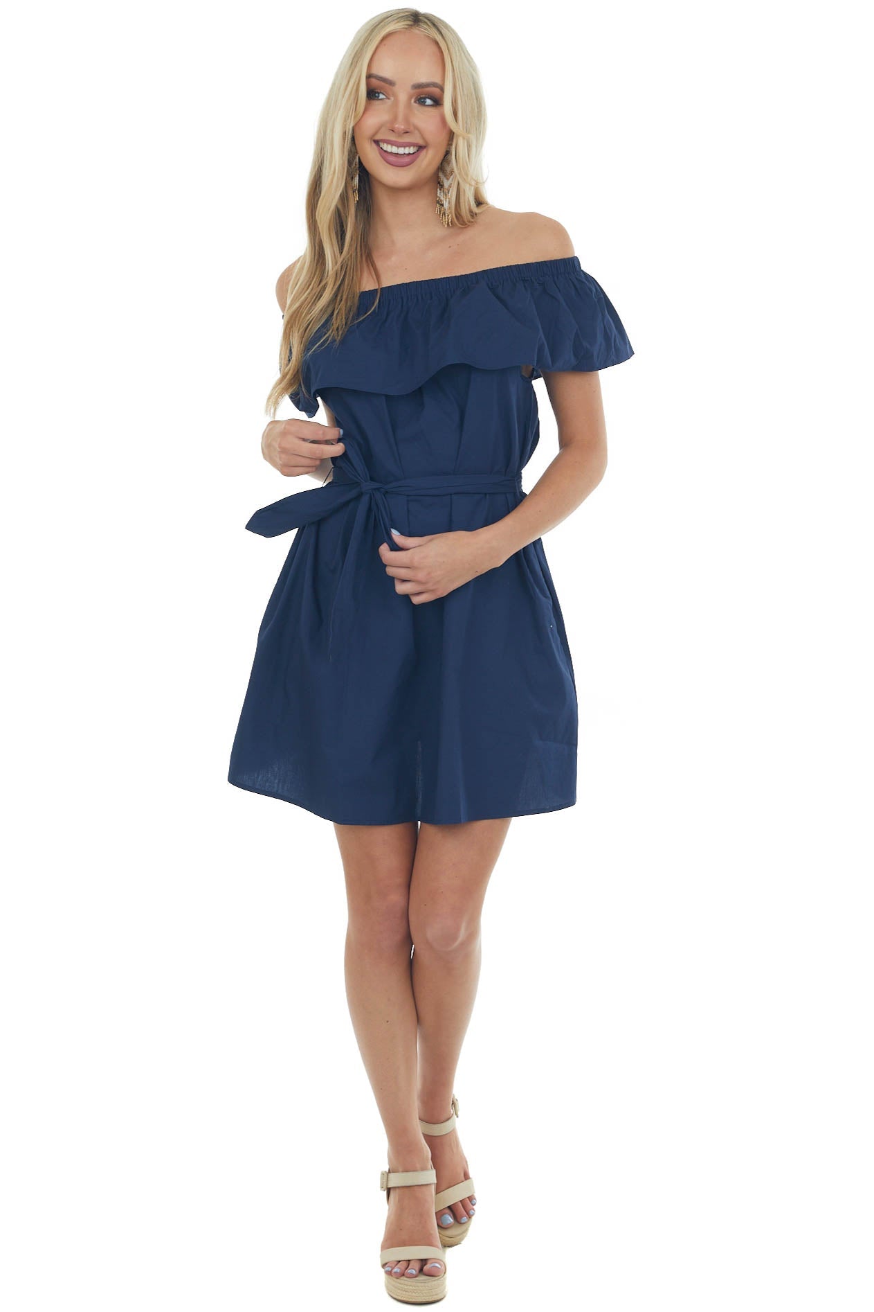 Navy Off the Shoulder Overlay Waist Tie Dress