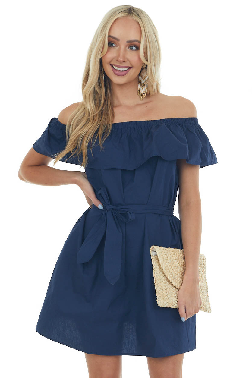 Navy Off the Shoulder Overlay Waist Tie Dress