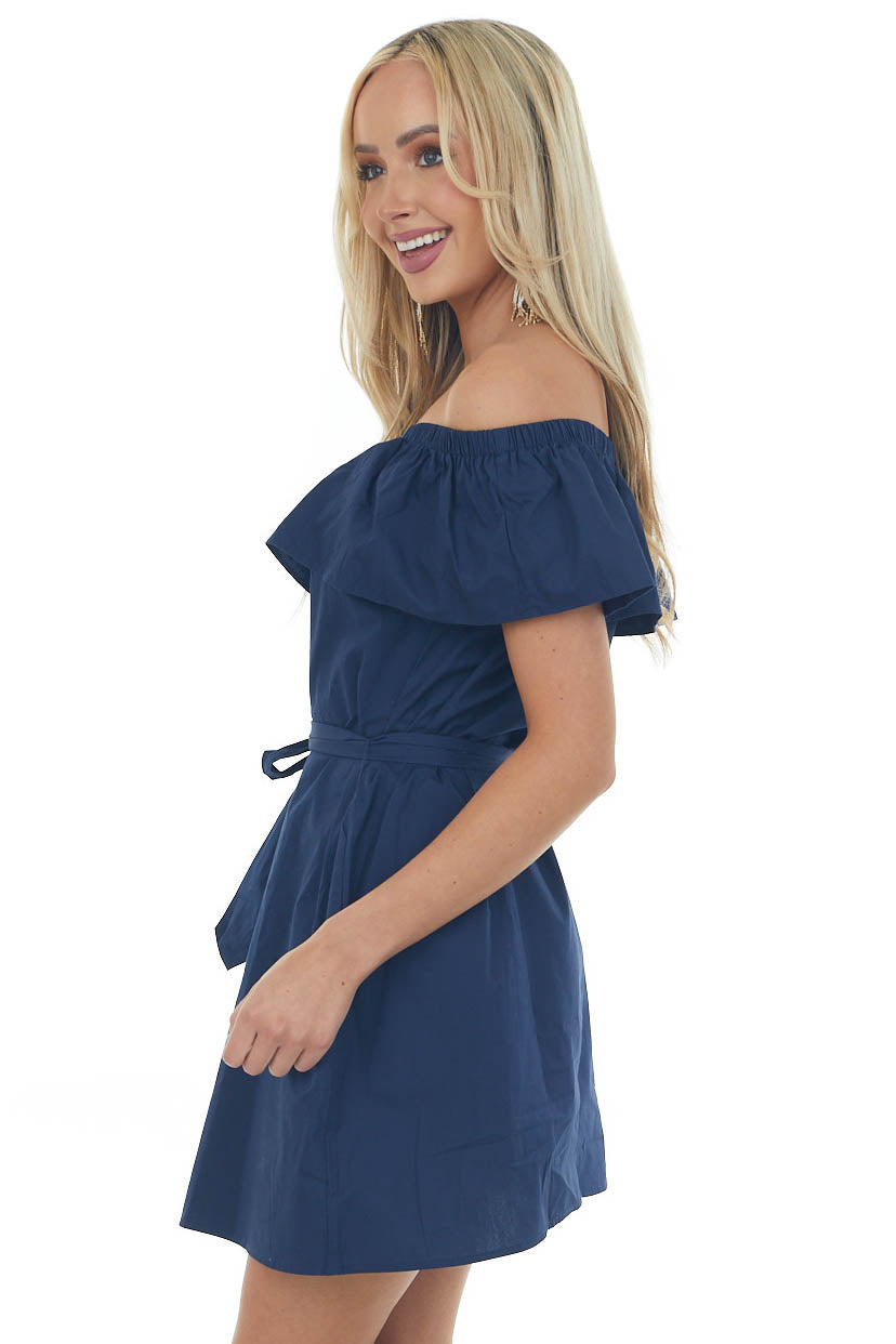 Navy Off the Shoulder Overlay Waist Tie Dress