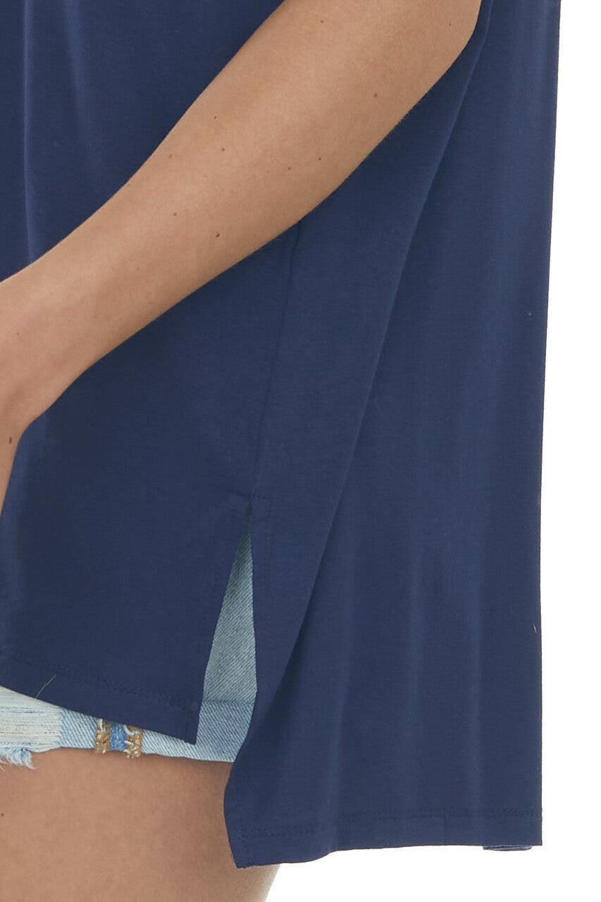 Navy Oversized V Neck Short Sleeve Top