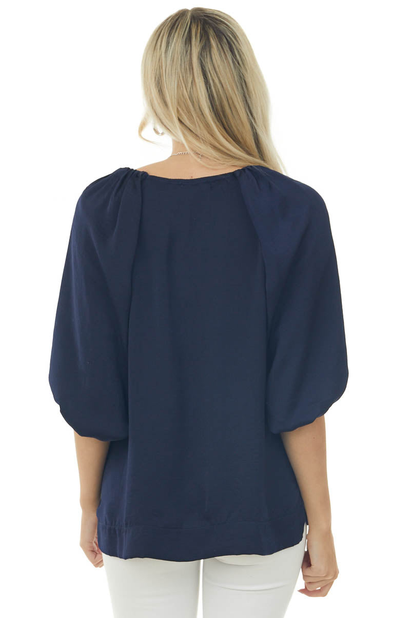 Navy Puff Sleeve Blouse with Side Slits