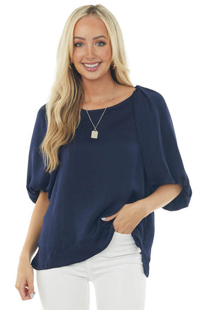 Navy Puff Sleeve Blouse with Side Slits