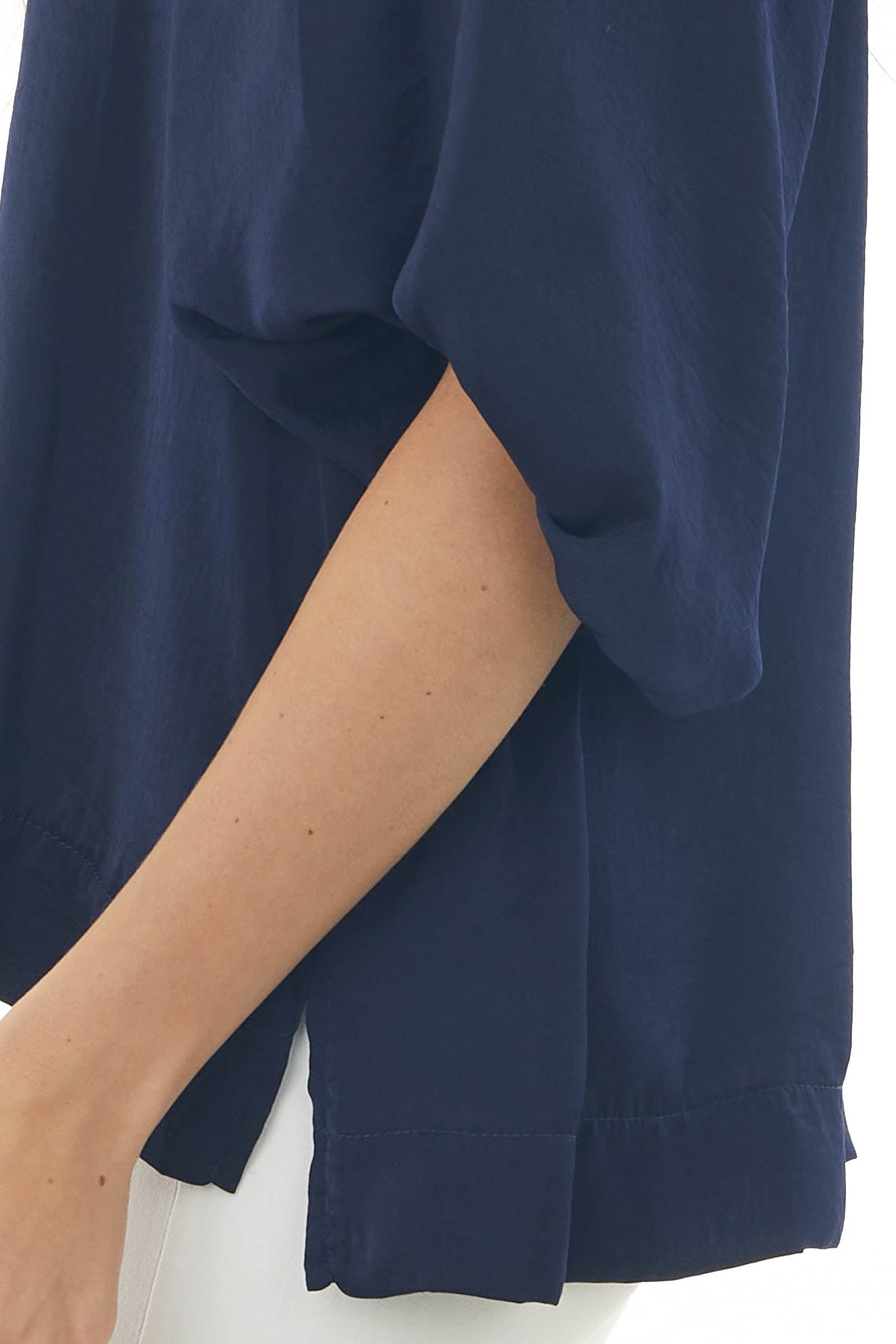 Navy Puff Sleeve Blouse with Side Slits