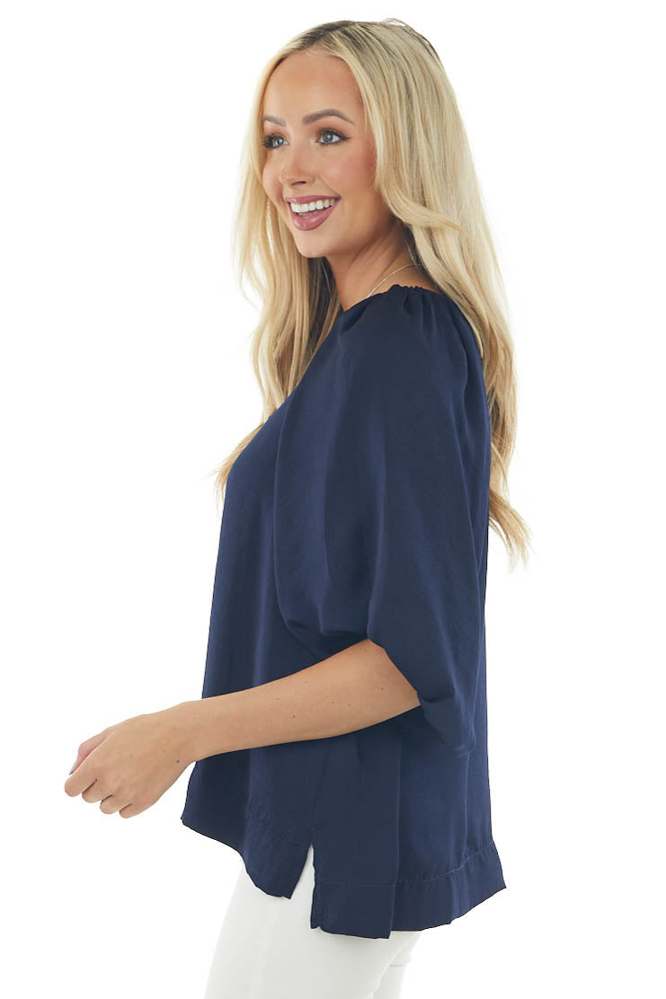 Navy Puff Sleeve Blouse with Side Slits