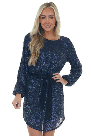 Navy Sequin Bubble Sleeve Velvet Belt Dress