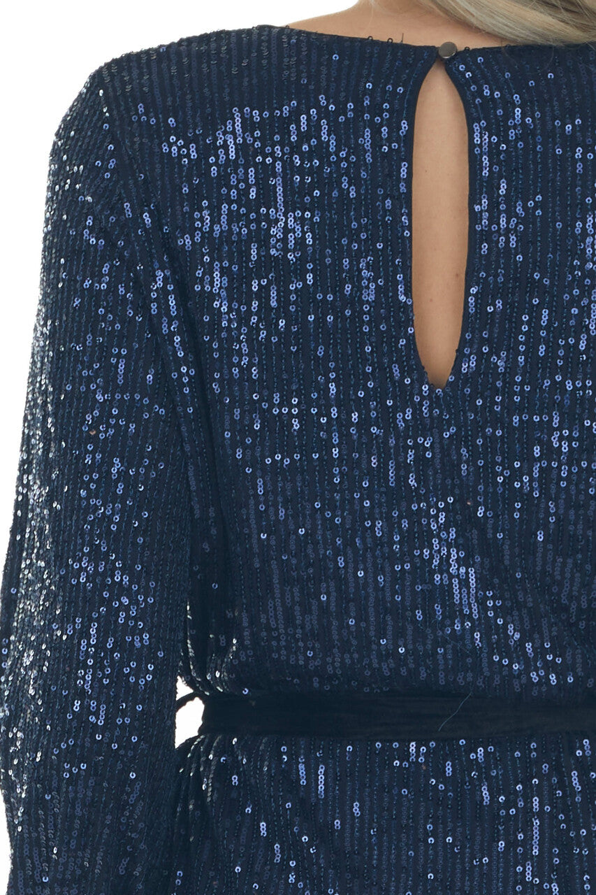 Navy Sequin Bubble Sleeve Velvet Belt Dress