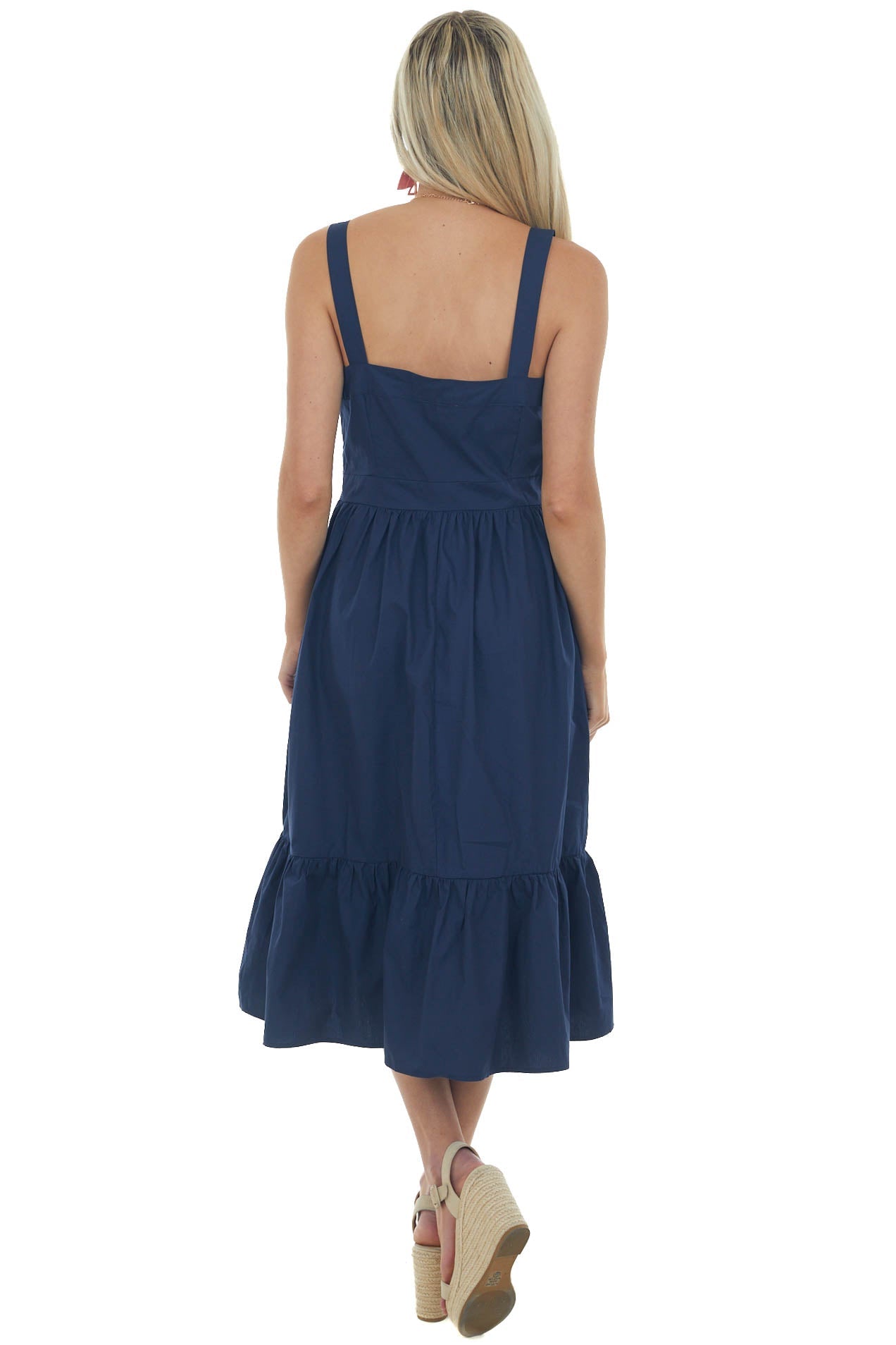 Navy Square Neck Sleeveless Poplin Midi Dress