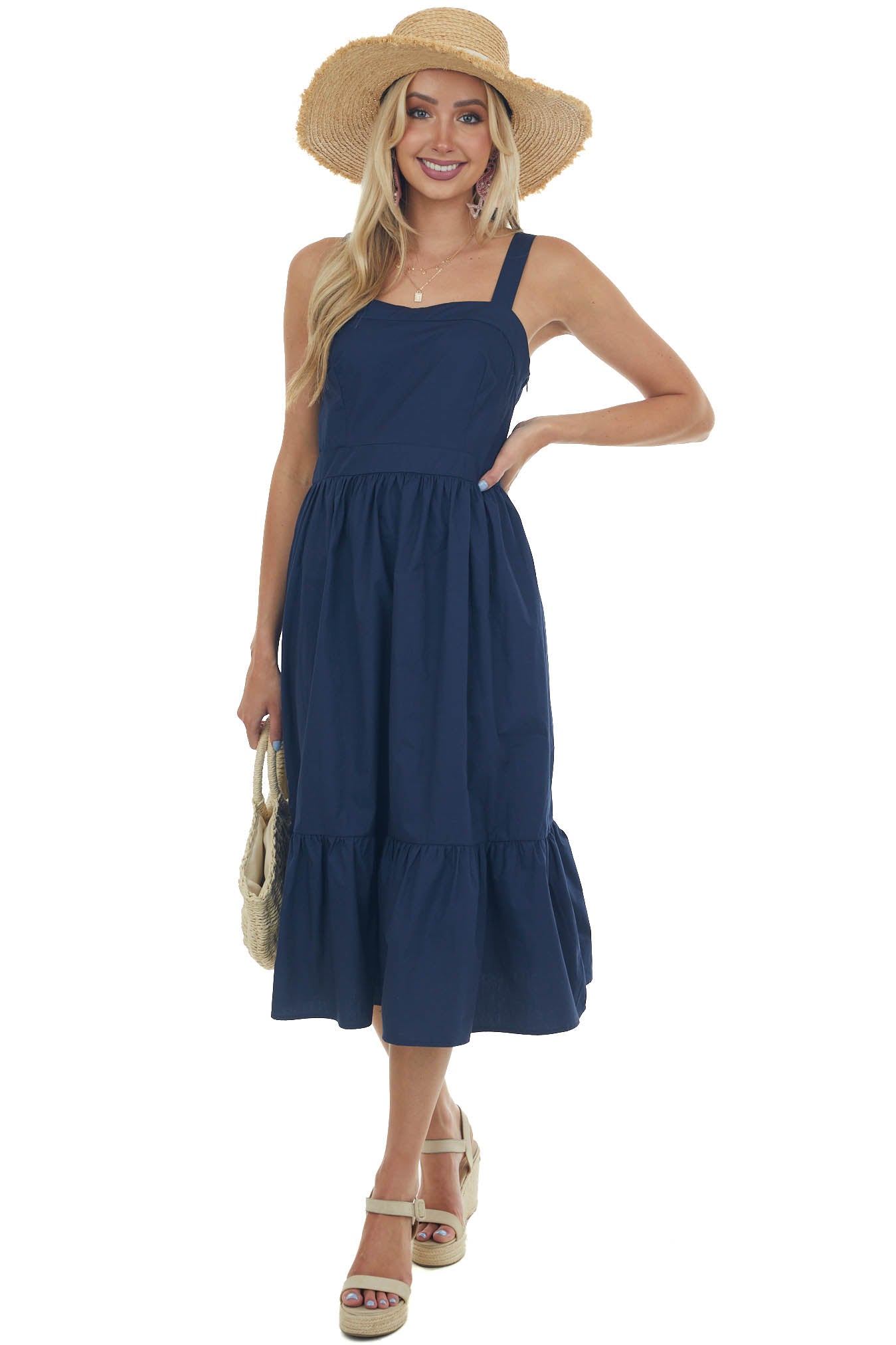 Navy Square Neck Sleeveless Poplin Midi Dress