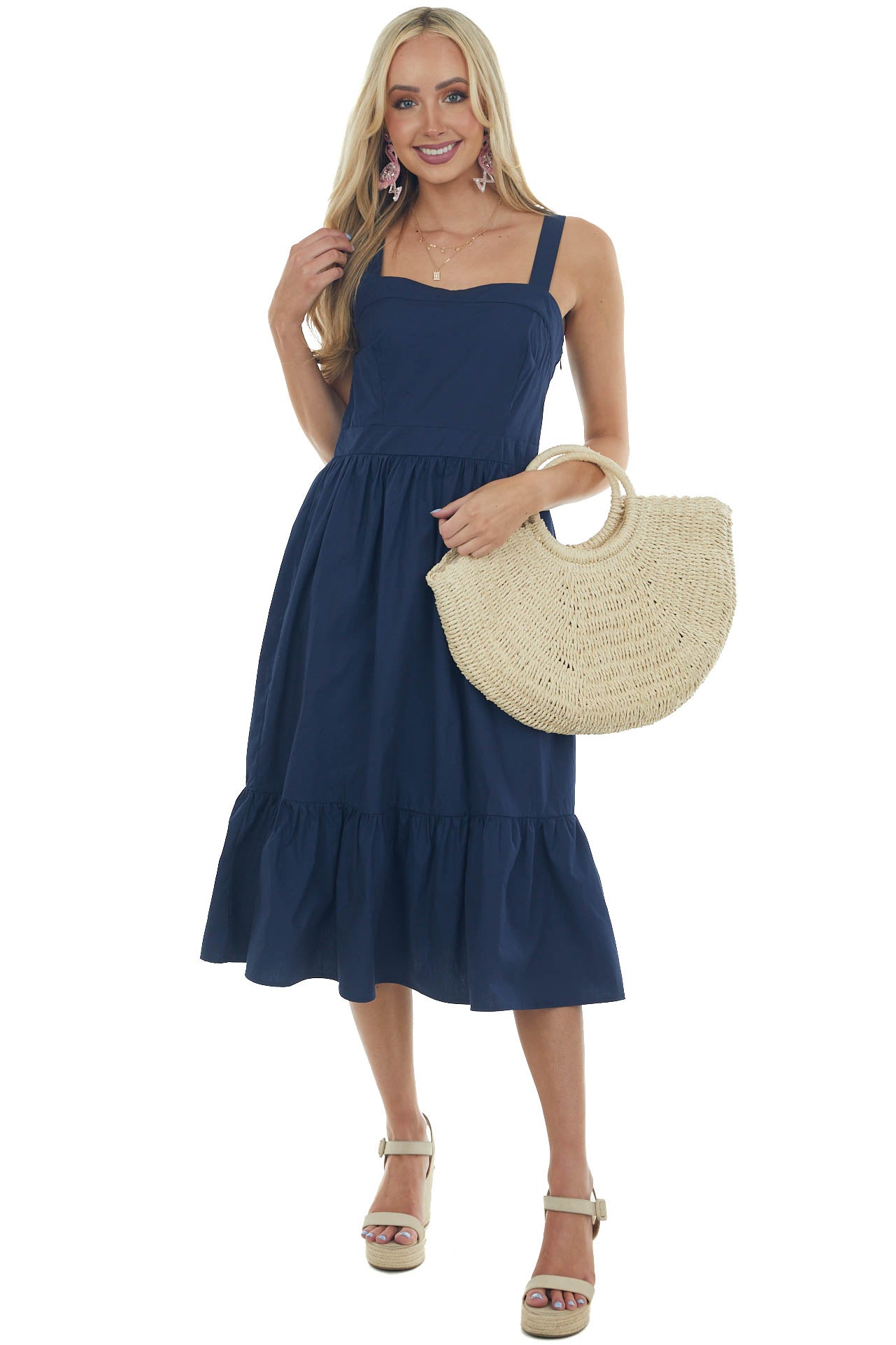Navy Square Neck Sleeveless Poplin Midi Dress