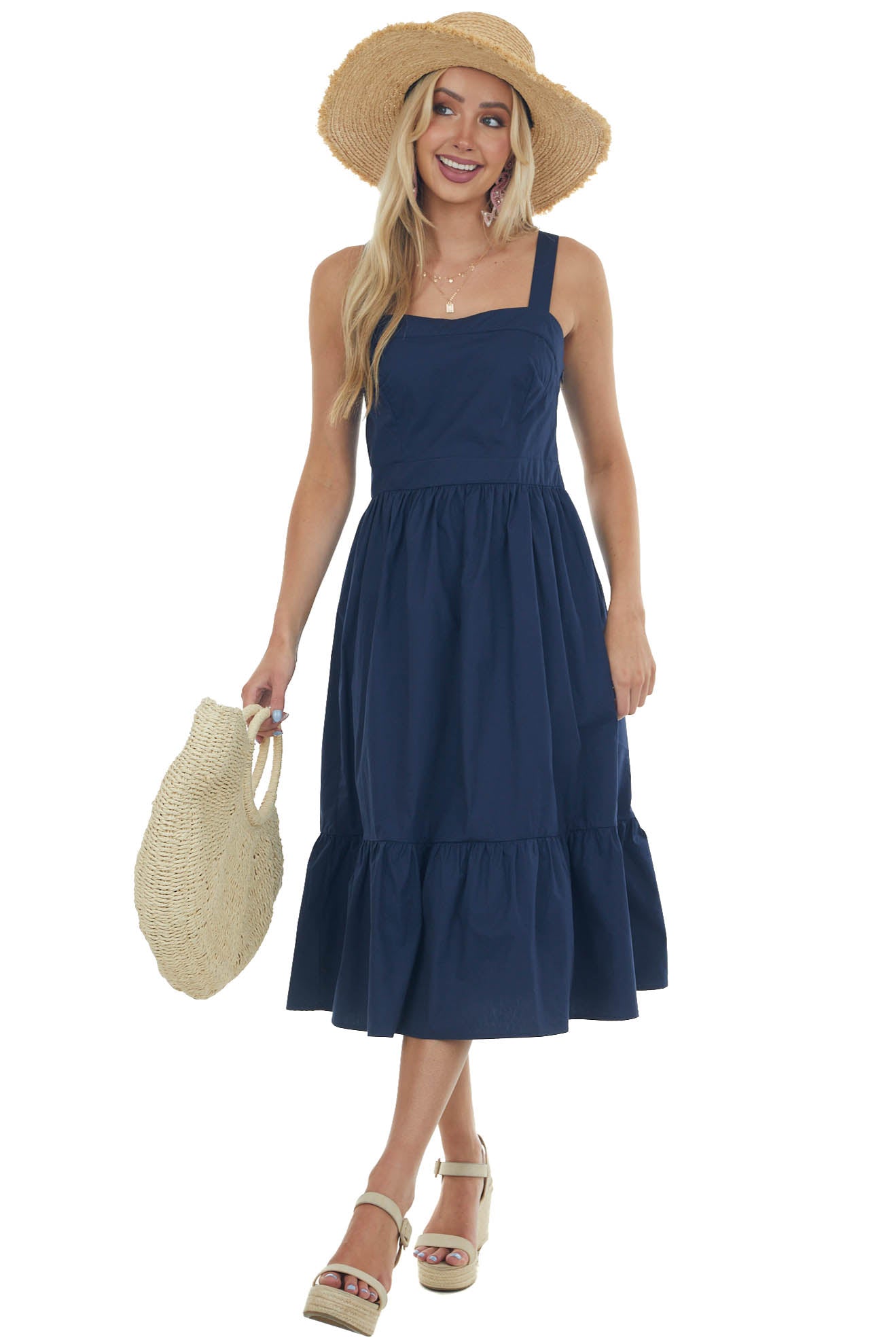 Navy Square Neck Sleeveless Poplin Midi Dress