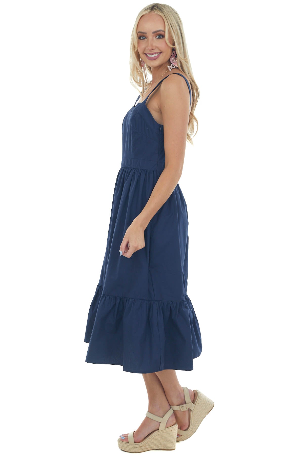 Navy Square Neck Sleeveless Poplin Midi Dress