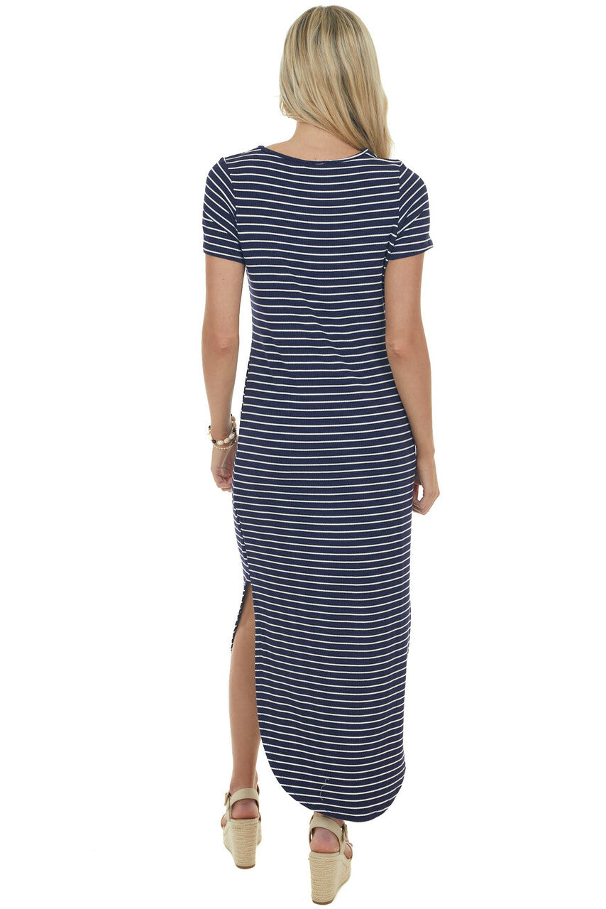 Navy Striped Chest Cut Out Ribbed Maxi Dress