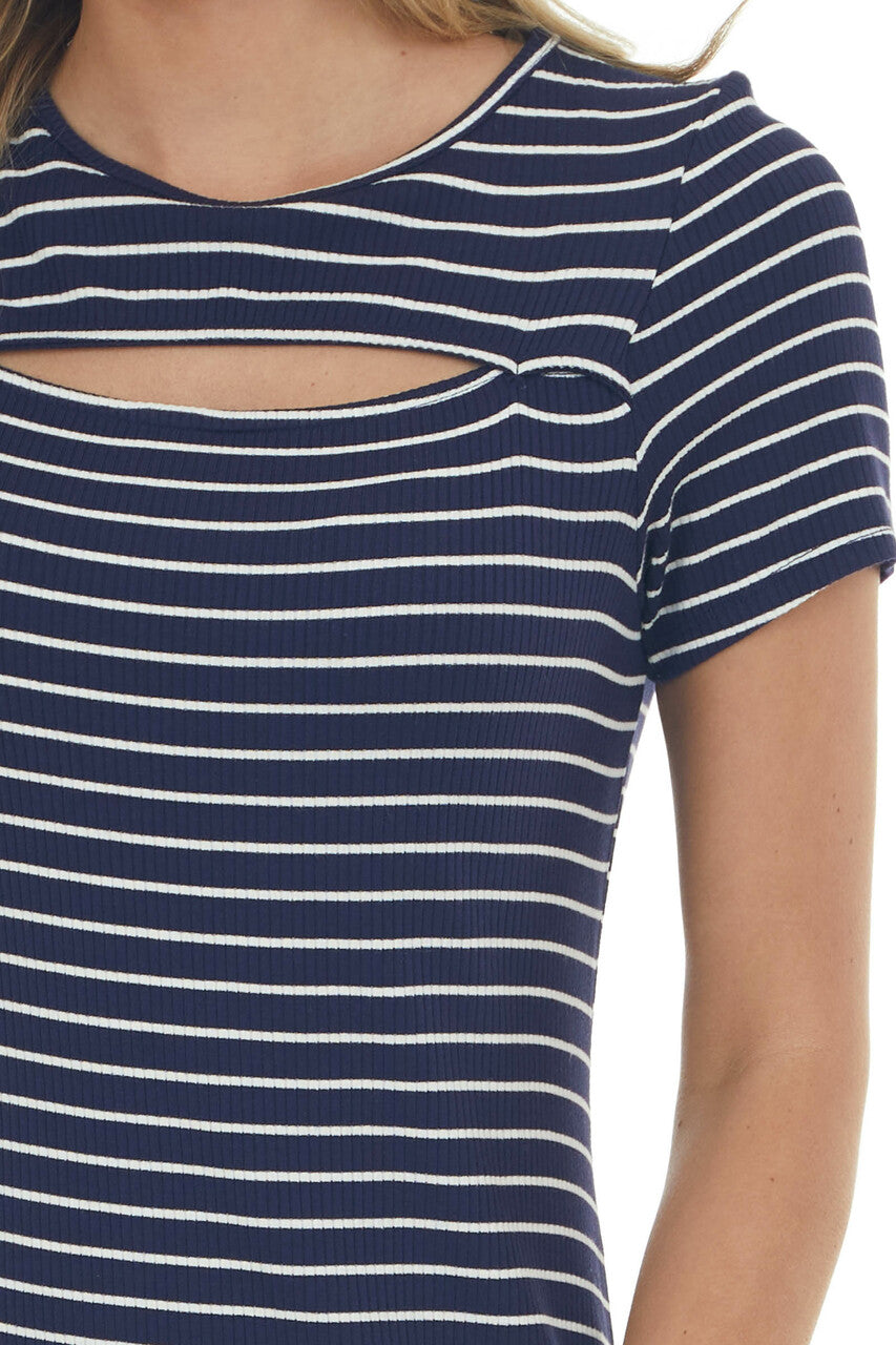 Navy Striped Chest Cut Out Ribbed Maxi Dress