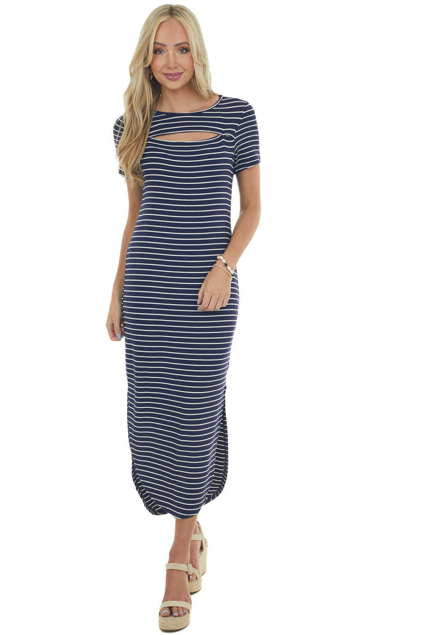 Navy Striped Chest Cut Out Ribbed Maxi Dress