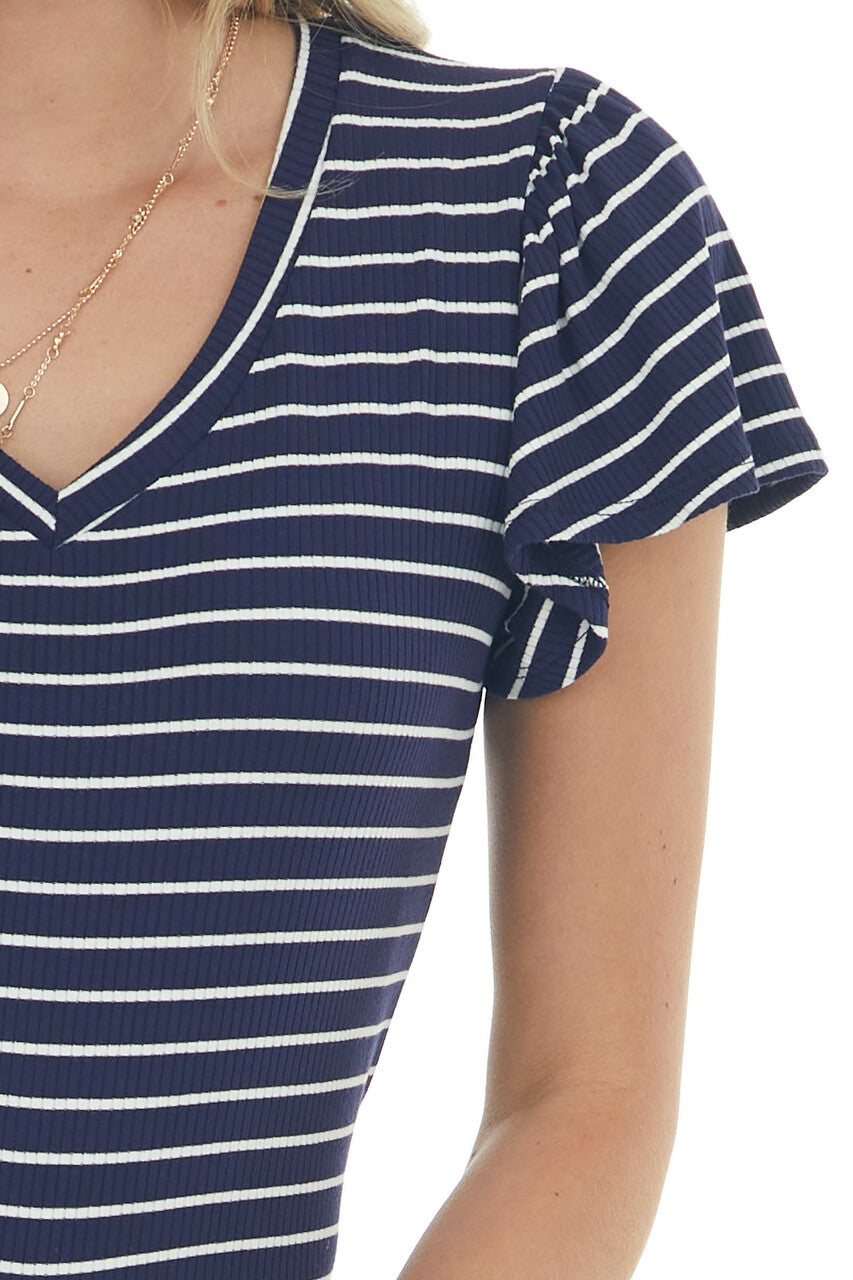 Navy Striped Flutter Sleeve Ribbed Knit Bodysuit 