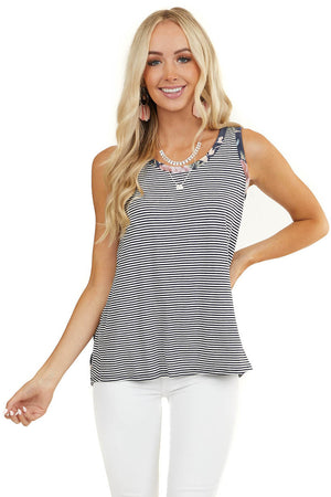 Navy Striped Print Tank Top with Back Floral Contrast 