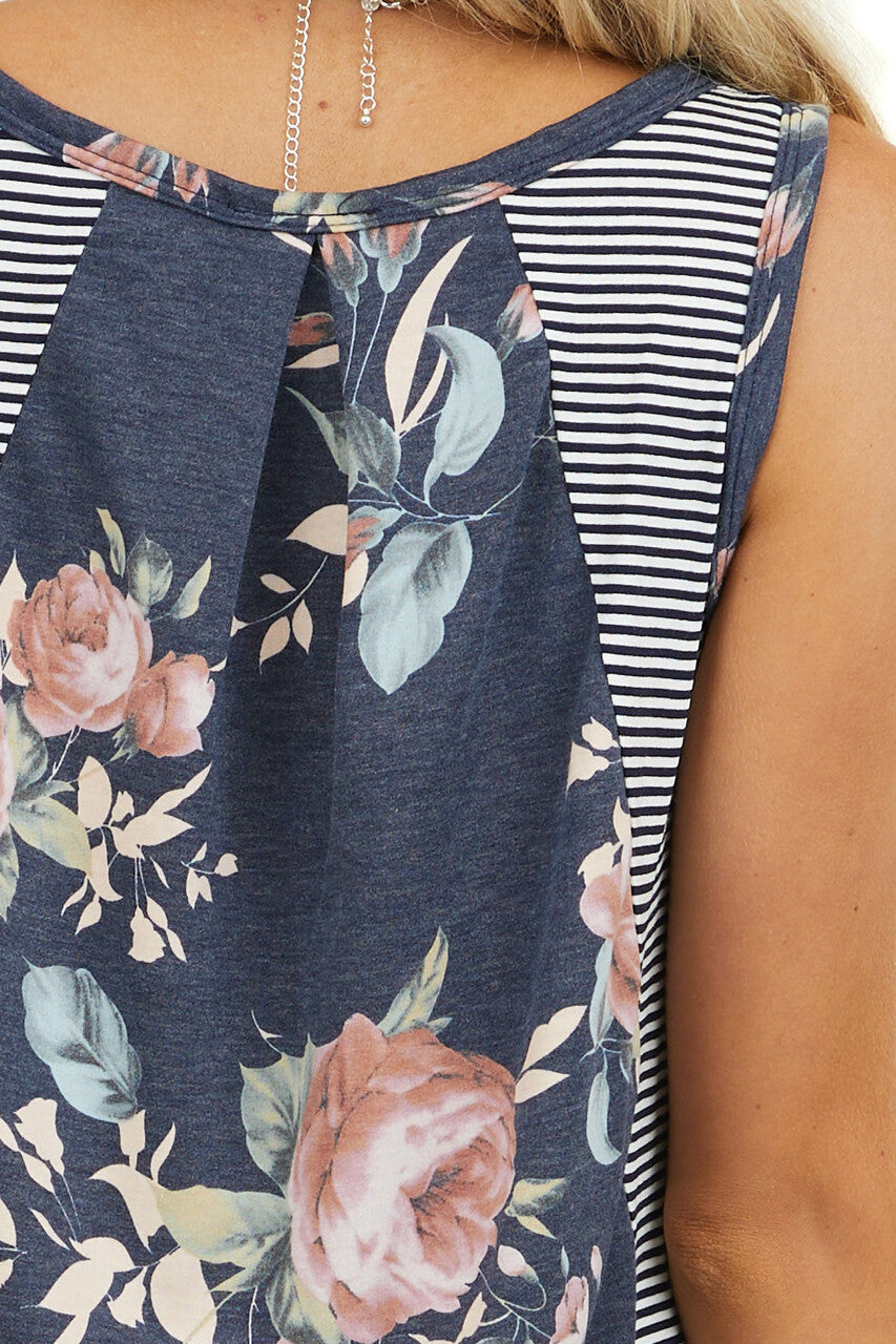 Navy Striped Print Tank Top with Back Floral Contrast 