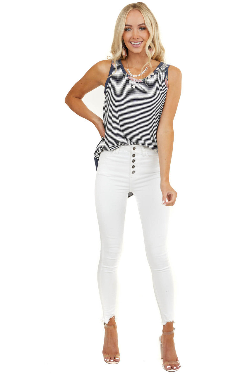 Navy Striped Print Tank Top with Back Floral Contrast 