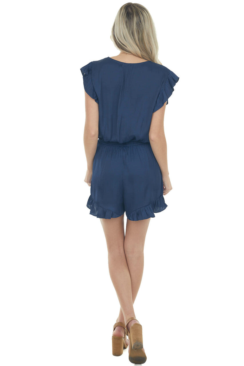 Navy Surplice Ruffle Sleeve Silky Romper