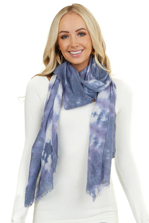 Navy Tie Dye Lightweight Scarf with Frayed Hem Detail 