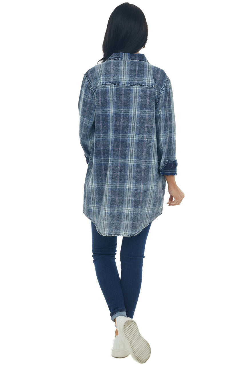 Navy Washed Plaid Chambray Button Down Top 
