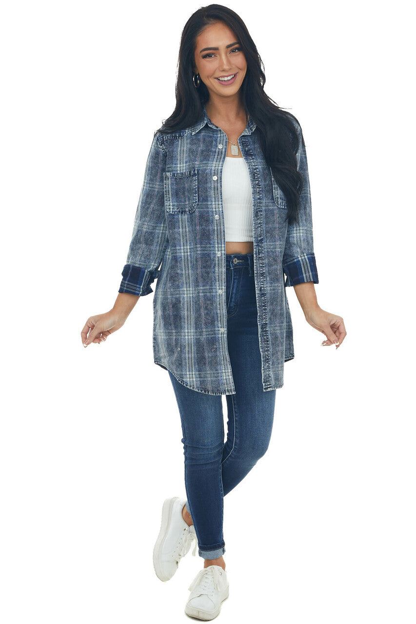 Navy Washed Plaid Chambray Button Down Top 