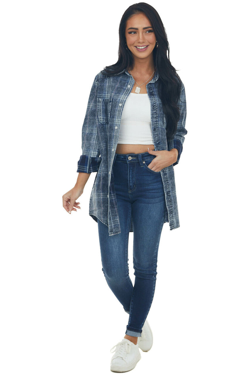 Navy Washed Plaid Chambray Button Down Top 