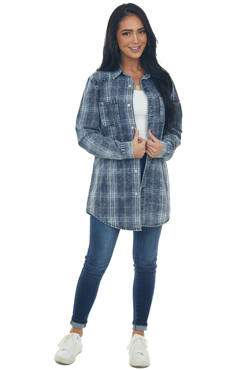 Navy Washed Plaid Chambray Button Down Top 