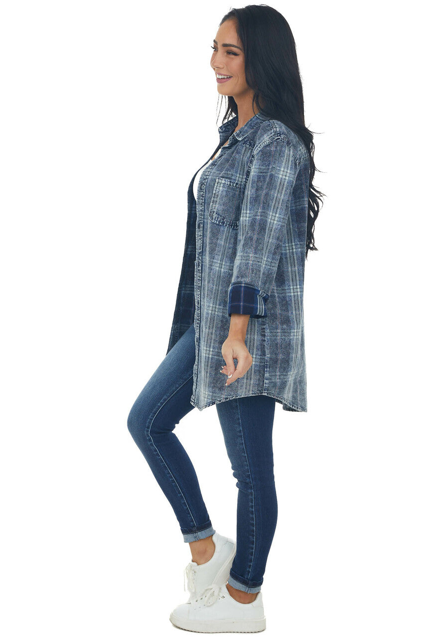 Navy Washed Plaid Chambray Button Down Top 