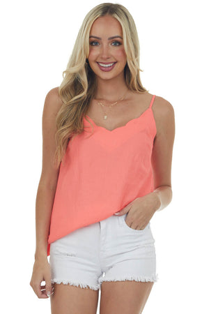 Neon Coral Scalloped Woven Top with Side Slits