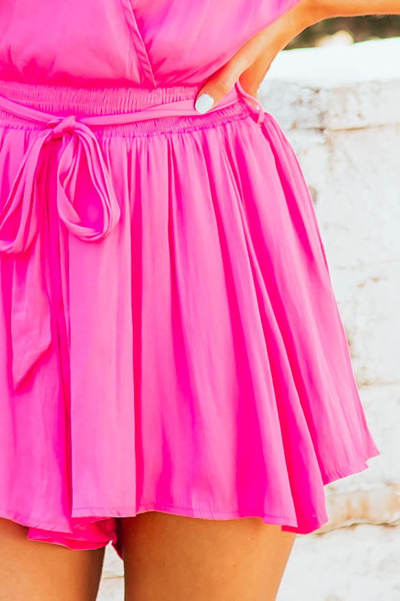 Neon Magenta Surplice Smocked Waist Woven Romper