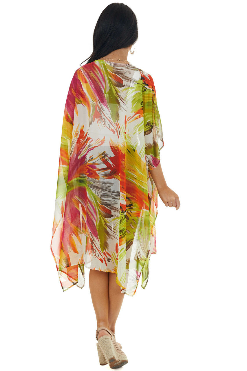 Neon Orange Abstract Floral Open Front Kimono