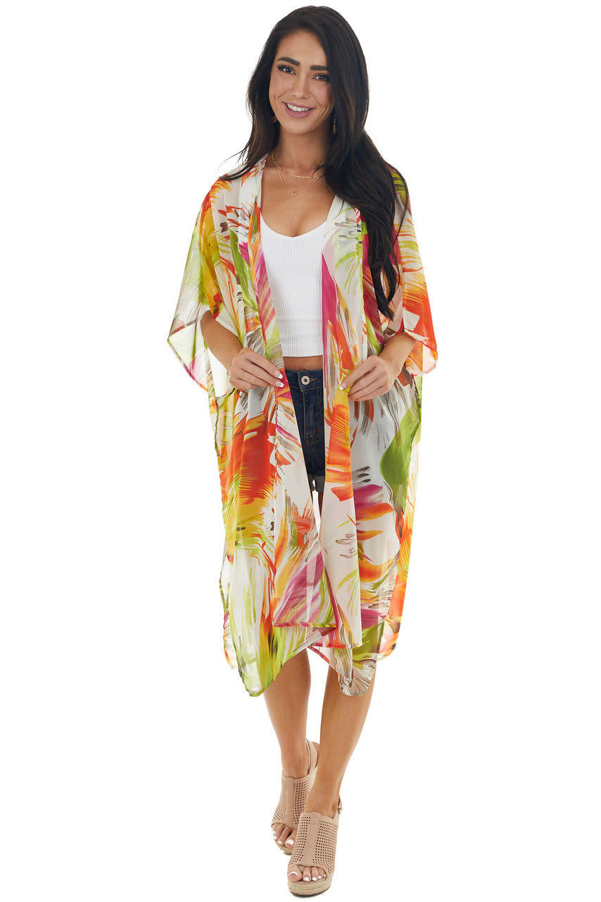 Neon Orange Abstract Floral Open Front Kimono