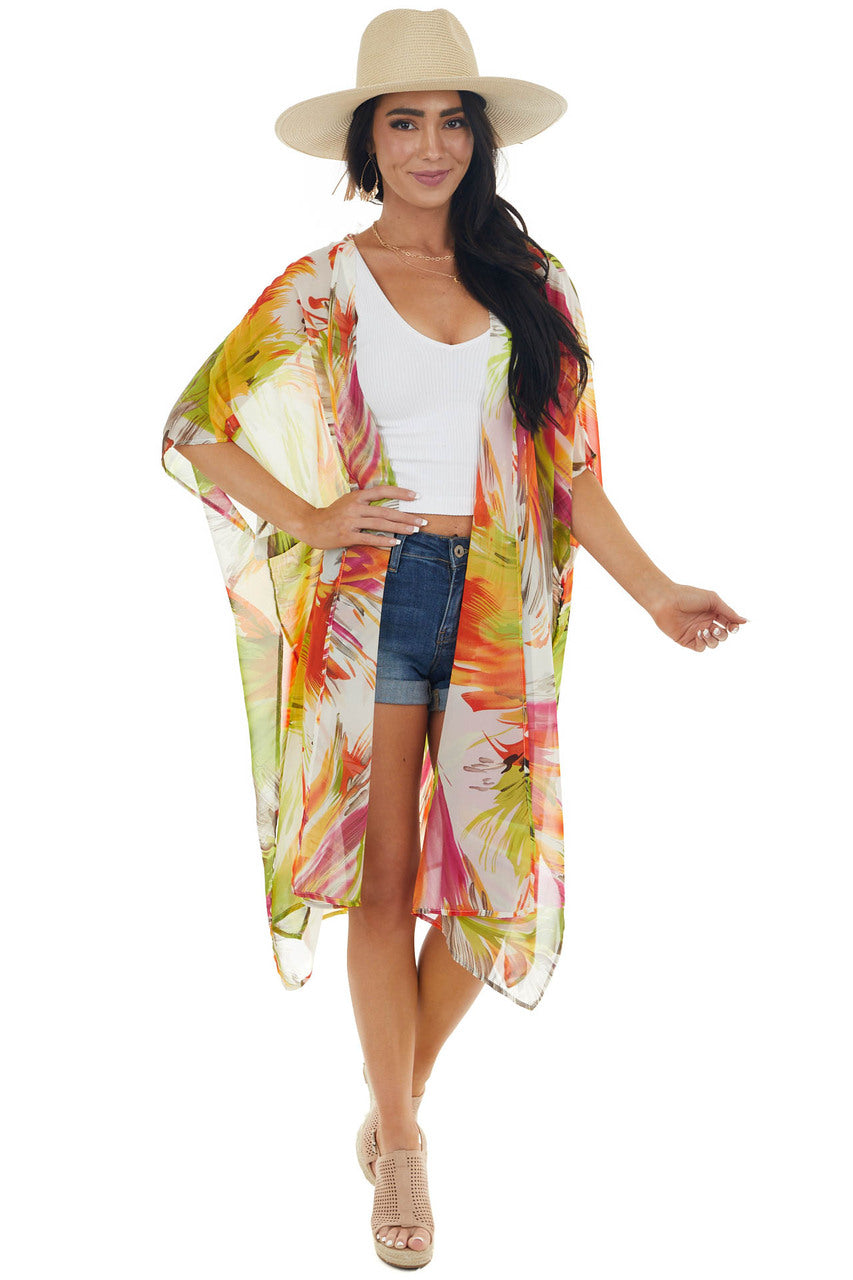 Neon Orange Abstract Floral Open Front Kimono