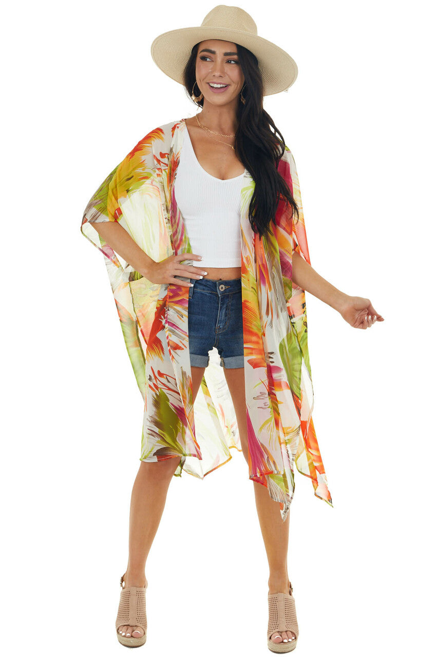 Neon Orange Abstract Floral Open Front Kimono