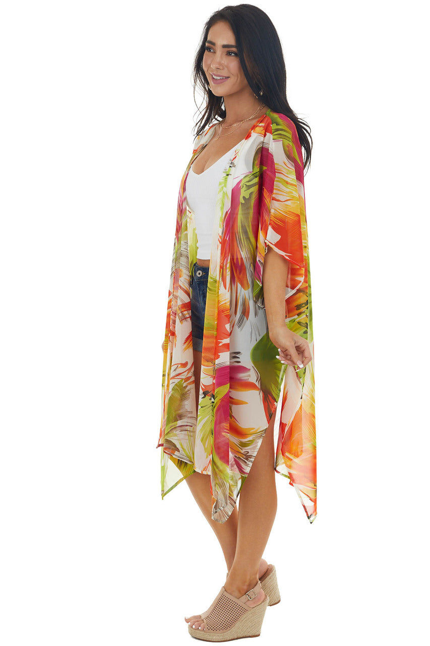 Neon Orange Abstract Floral Open Front Kimono