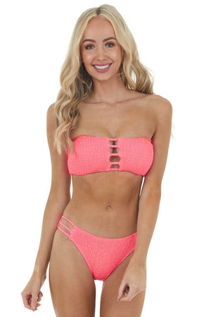 Neon Pink Bandeau Smocked Bikini Set with Ladder Cut Outs