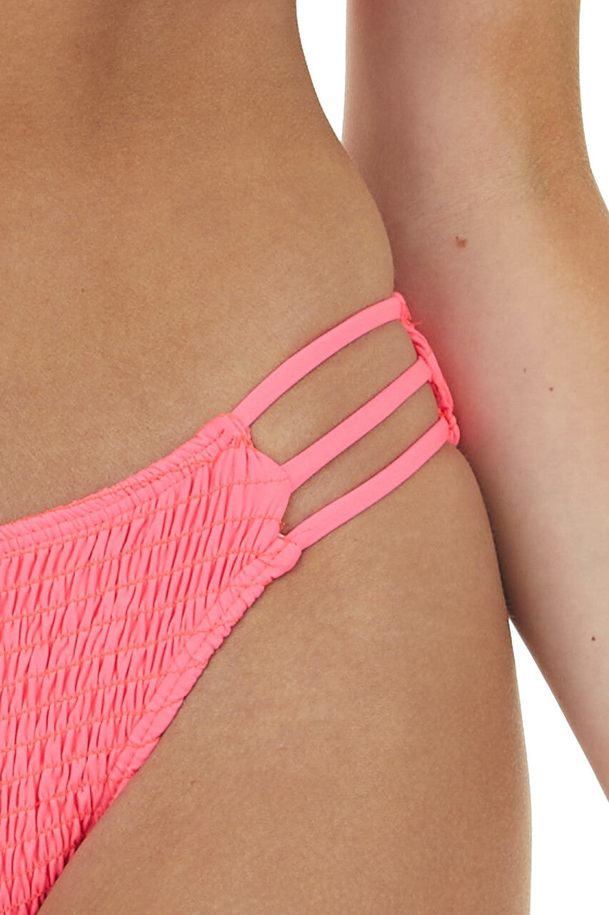 Neon Pink Bandeau Smocked Bikini Set with Ladder Cut Outs