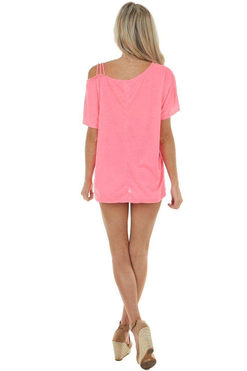 Neon Pink Cold Strapped Shoulder Soft Knit Short Sleeve Top
