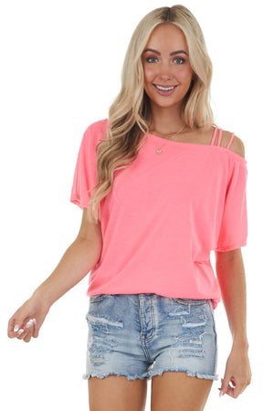 Neon Pink Cold Strapped Shoulder Soft Knit Short Sleeve Top