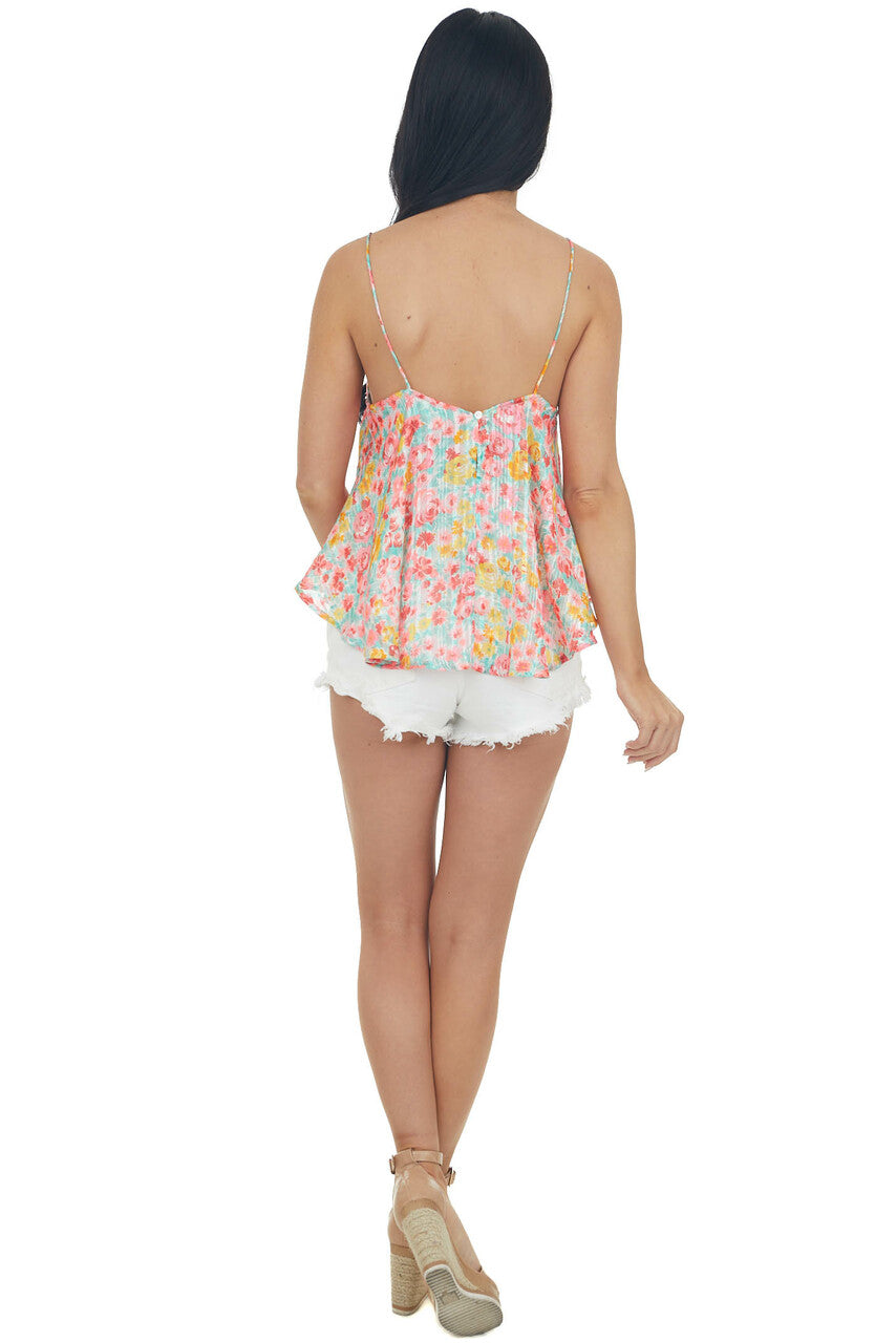 Neon Pink Floral Metallic Threaded Silky Tank 