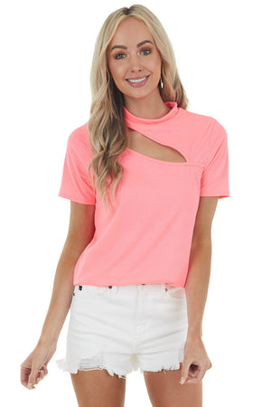 Neon Pink Ribbed Short Sleeve Knit Top with Cut Out Detail