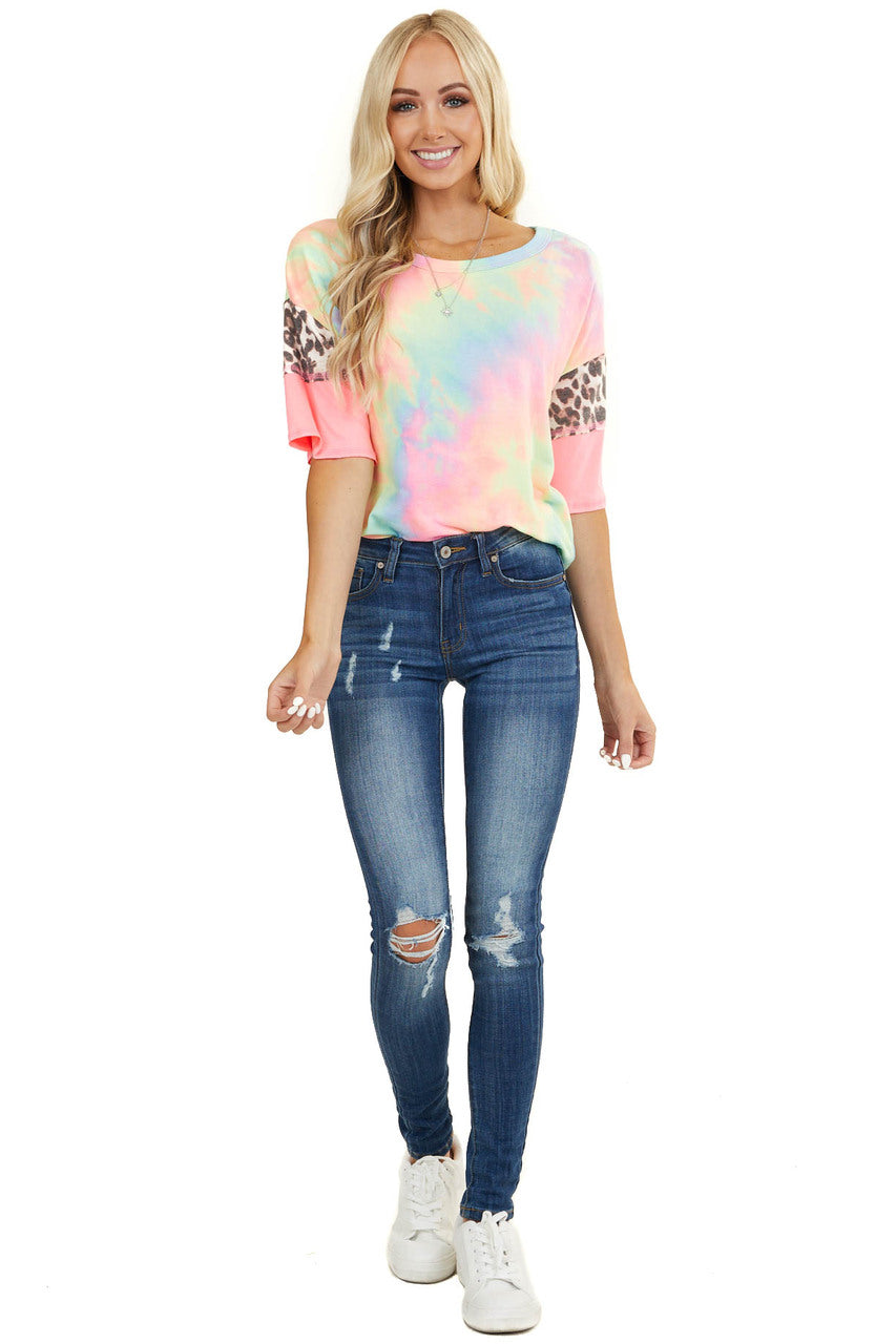 Neon Tie Dye Top with Leopard Print and Colorblock Sleeves 