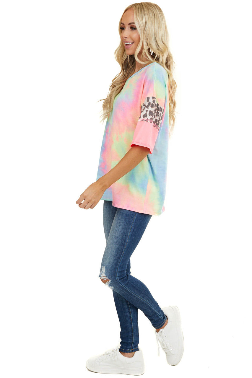 Neon Tie Dye Top with Leopard Print and Colorblock Sleeves 