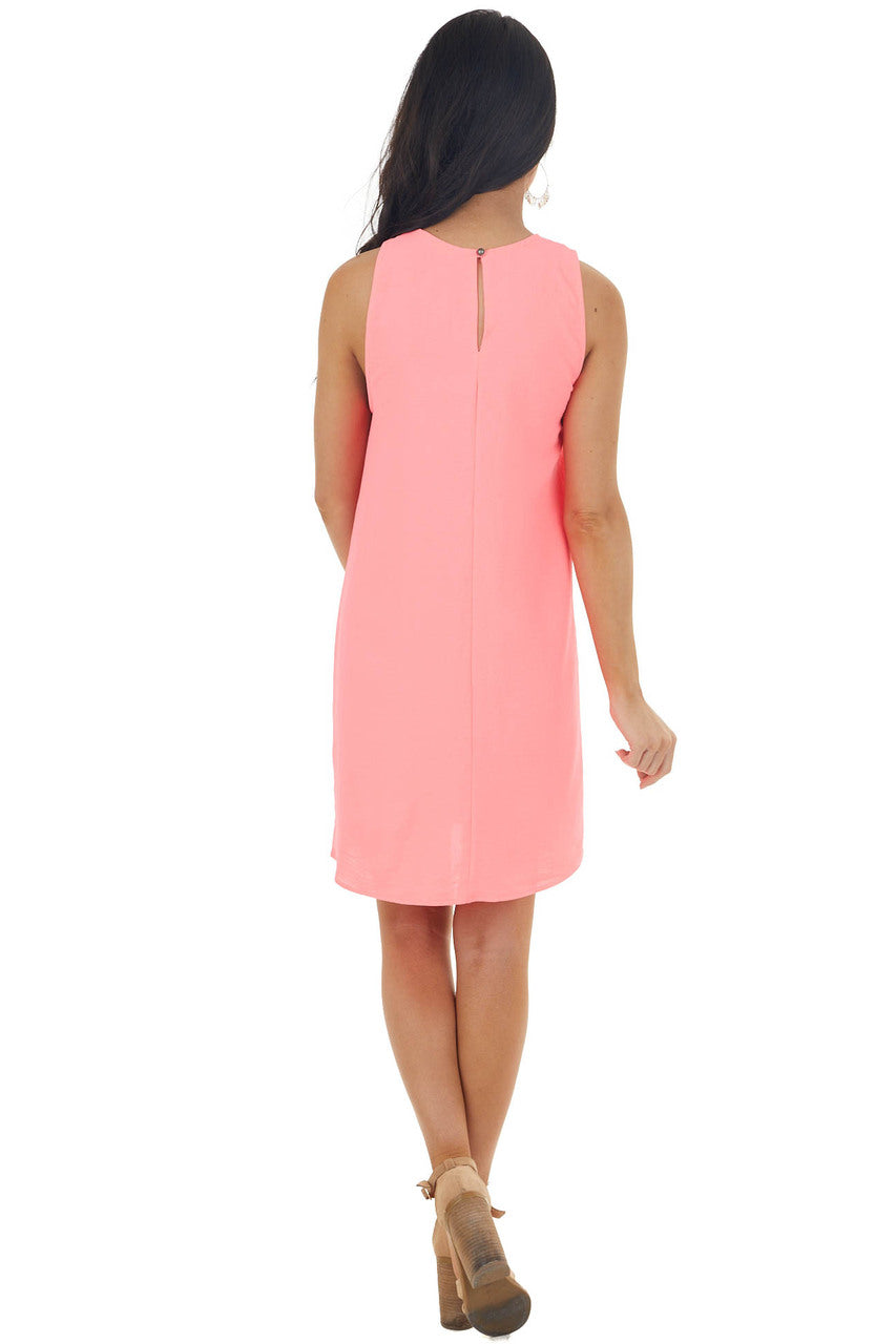 Neon Watermelon Sleeveless Halter Neckline Short Woven Dress 