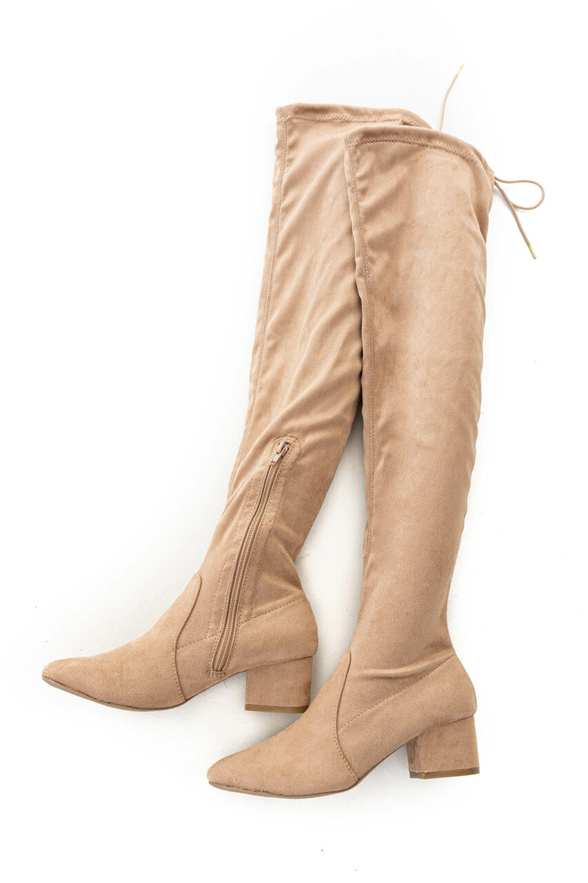 Beige Faux Suede Knee Length Slouchy Boots