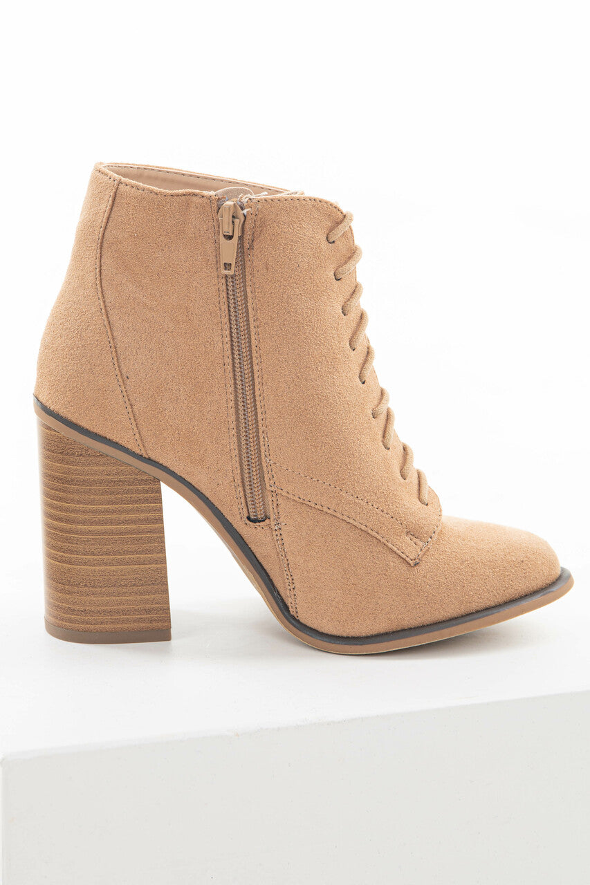 Nude Faux Suede Lace Up High Heel Booties