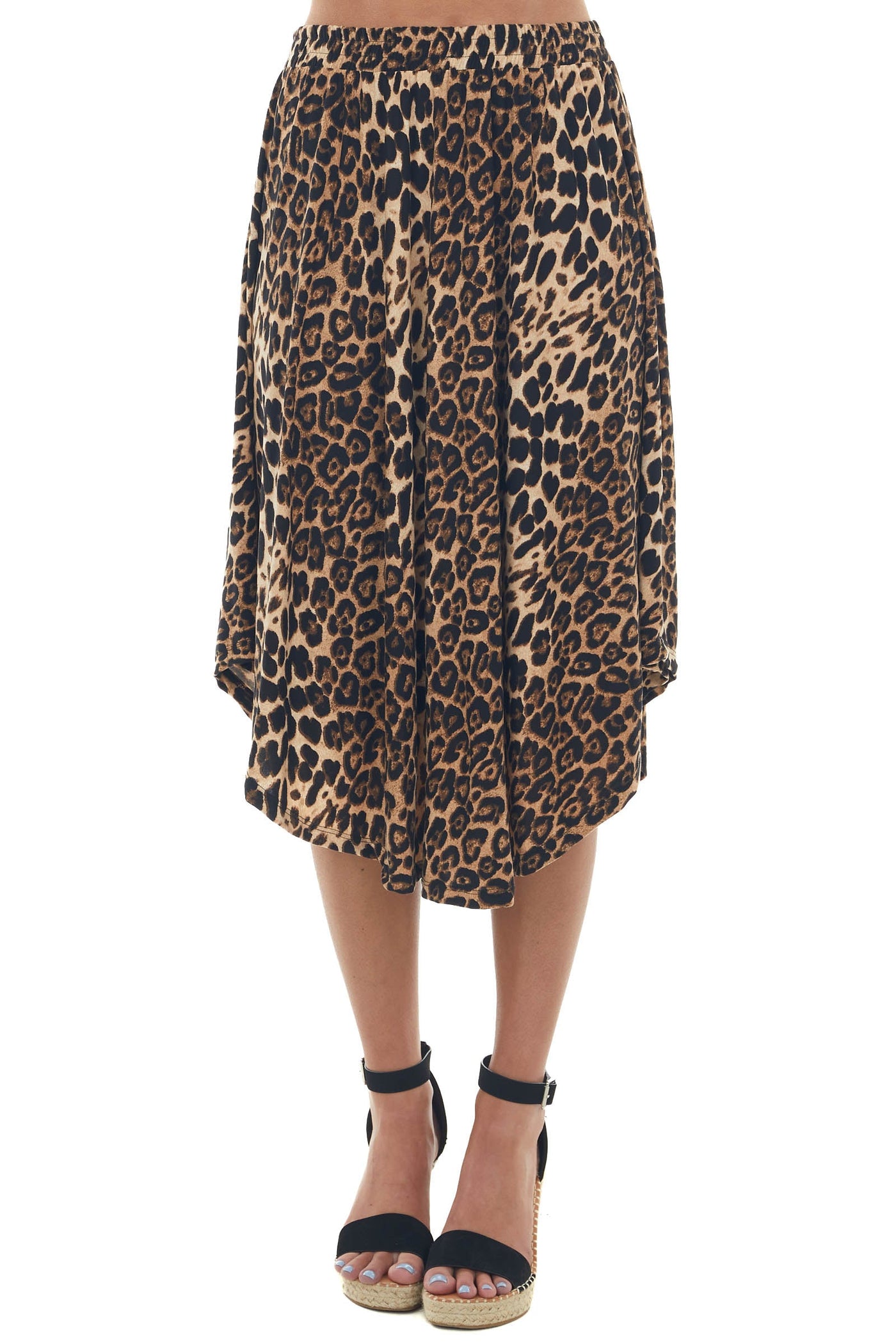 Nude Leopard Elastic Waist Curved Hem Skirt