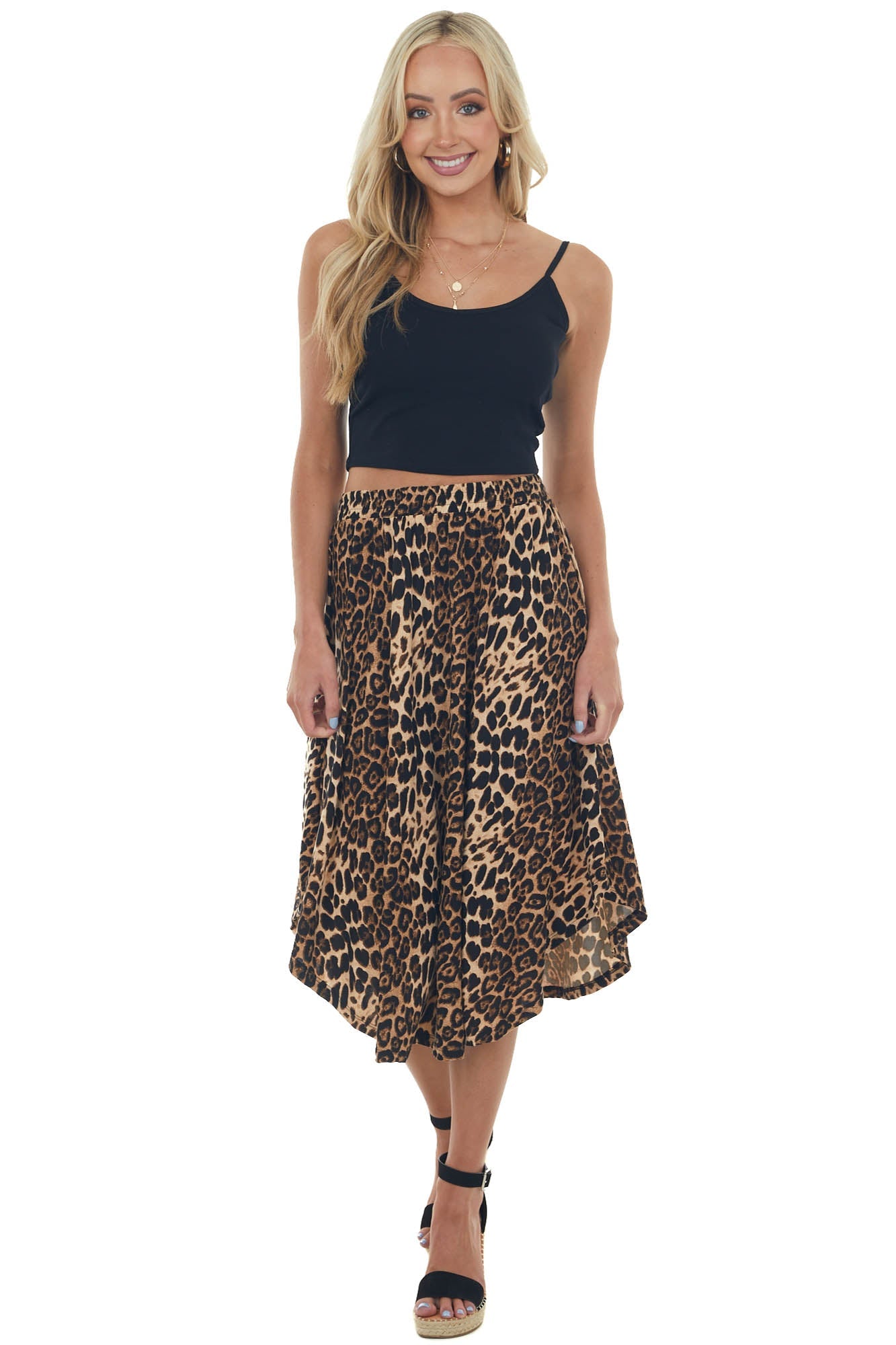 Nude Leopard Elastic Waist Curved Hem Skirt