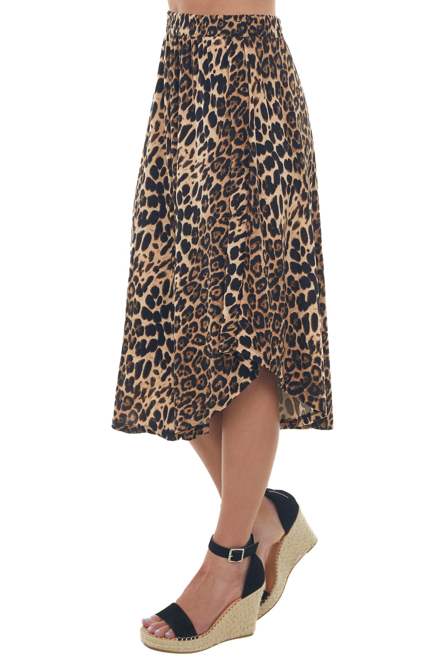 Nude Leopard Elastic Waist Curved Hem Skirt